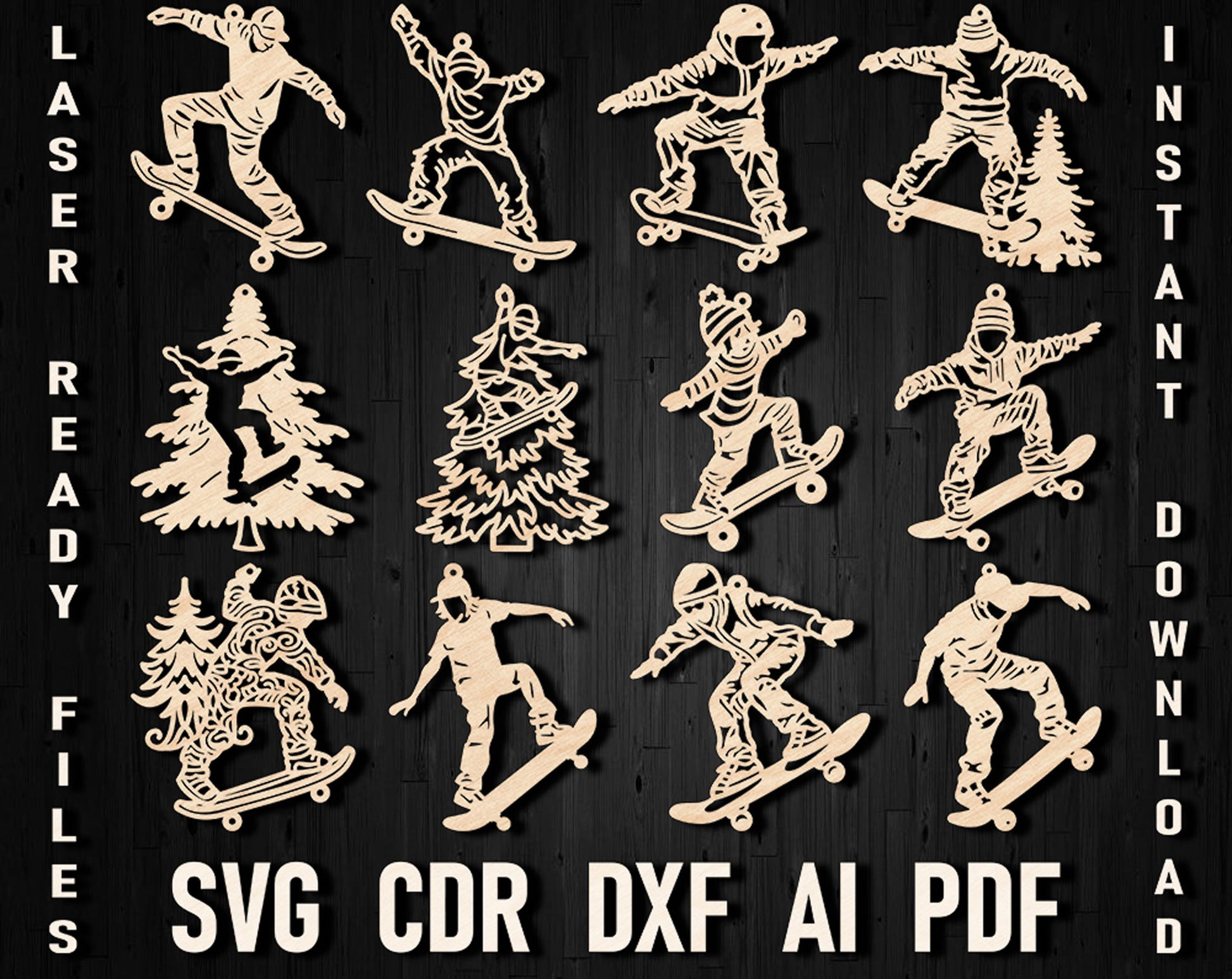 Christmas Skateboarding laser cut ornament