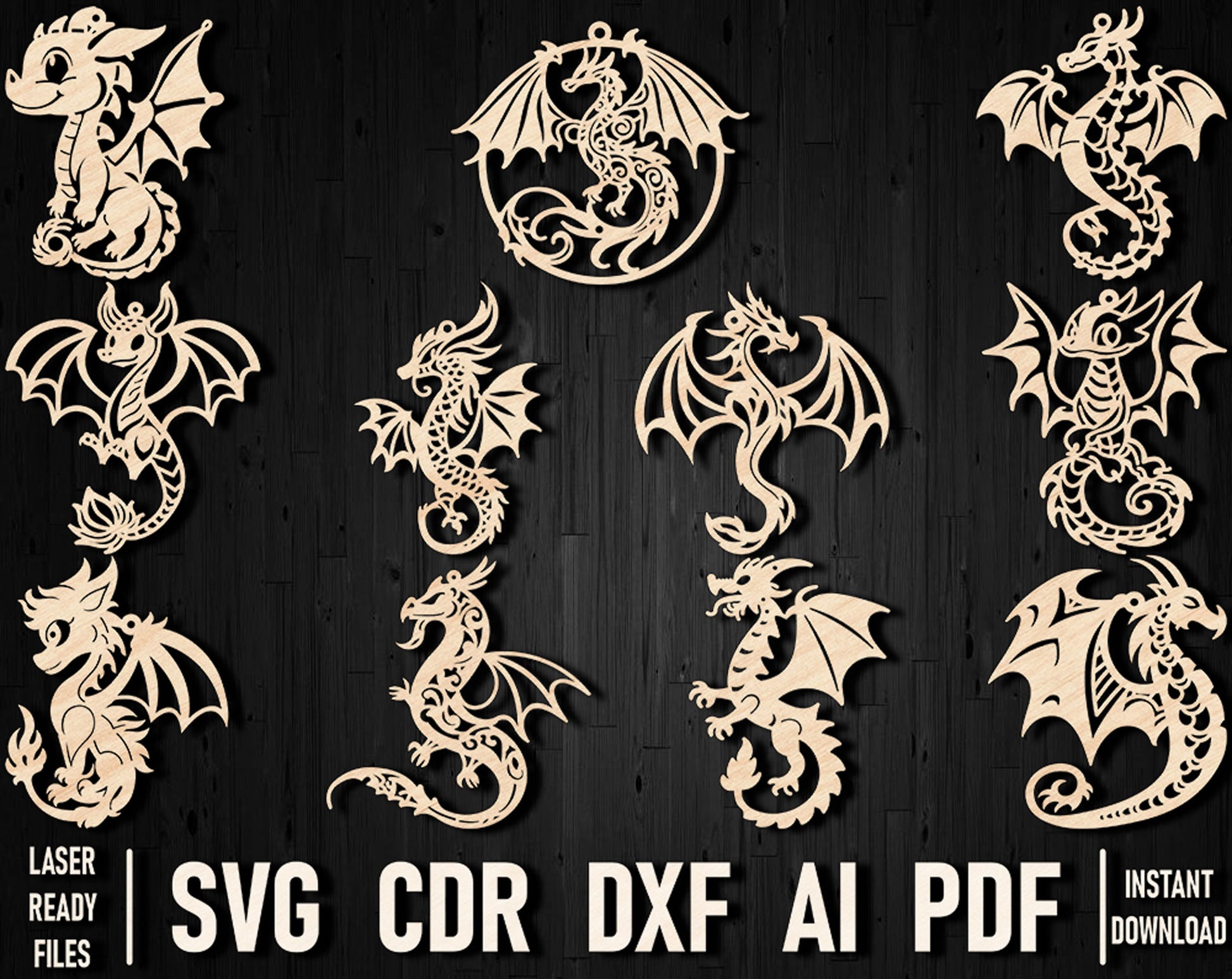 Dragon Christmas dxf laser cut ornament bundle