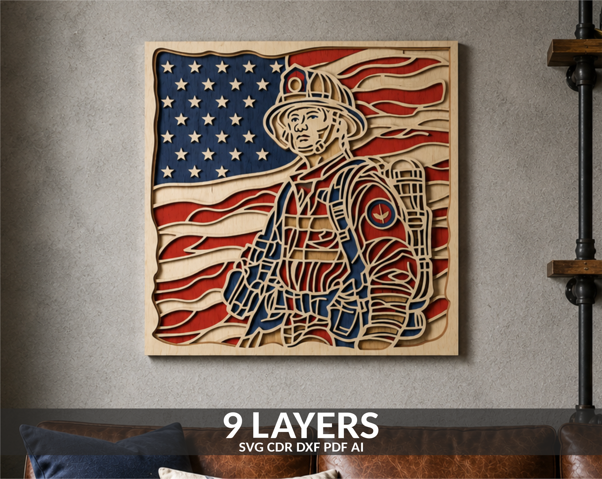 3D-US-Flag-Firefighter-Layered-SVG-Laser-Cut