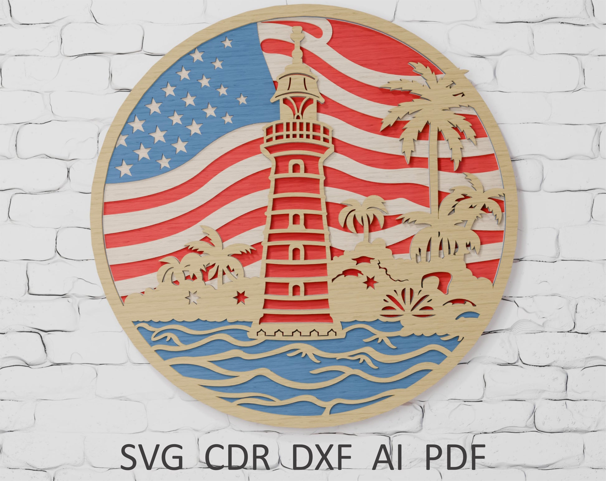 3D Layered USA Flag Lighthouse SVG template