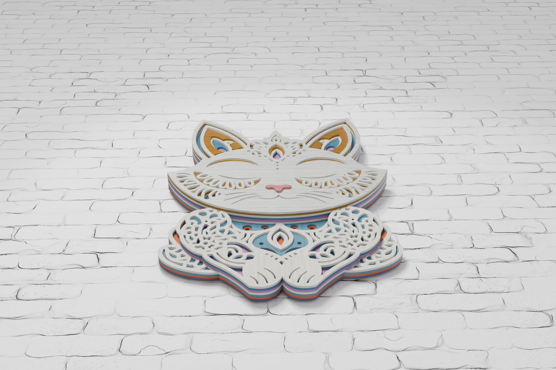5-layer shadow box design with yoga cat and mandala

