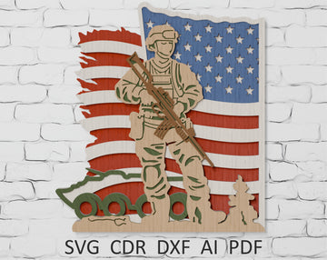 American soldier layered svg on USA flag background

