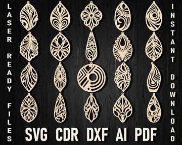 Boho & Hippie Wooden Earrings SVG Bundle: Laser Cut Dangle Drop & Leather Designs for Glowforge, Cricut