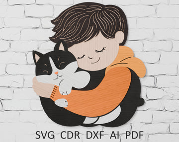 Boy with cat layered shadow box svg

