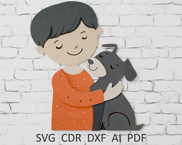 Boy with dog layered svg laser cut file

