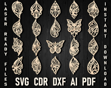 20 Butterfly Wings Earrings SVG Bundle: Laser Cut Wood & Leather Jewelry Templates for Glowforge