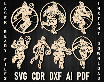 Santa Basketball Christmas SVG Bundle - Laser Cut Ornaments for Glowforge & Xtool (Plywood, PDF/DXF Files)