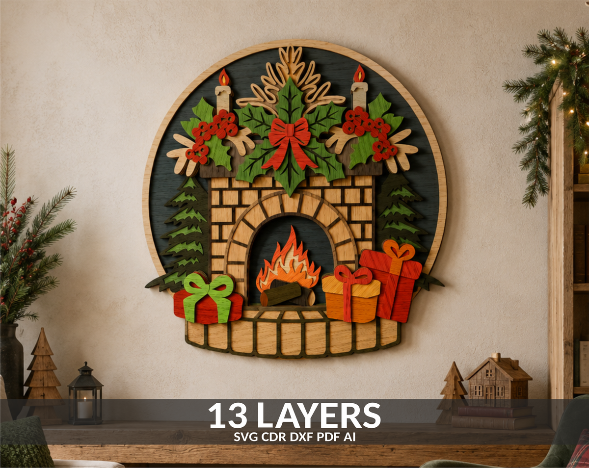 Christmas Fireplace multilayer layered SVG laser cut file