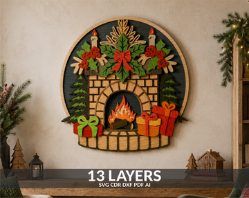 Christmas Fireplace multilayer layered SVG laser cut file
