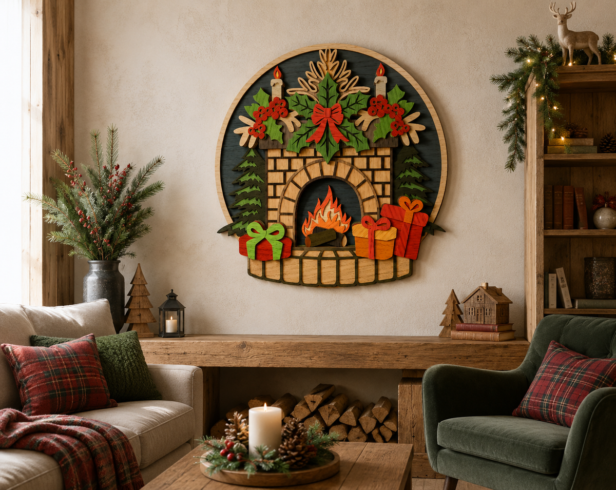 Christmas Fireplace shadow box SVG DXF for Glowforge