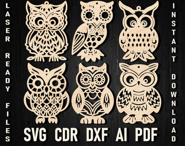 Owl Christmas Ornaments SVG Bundle: Laser Cut Files for Glowforge, Cricut & Silhouette – Nordic Xmas Decor (DXF/CDR)