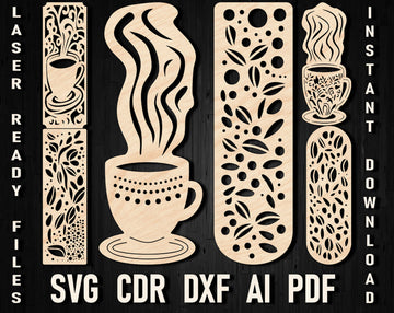 Coffee Lover Bookmark SVG Bundle: Laser Cut Templates for Glowforge & xTool – Acrylic & Wood Designs (DXF/PDF)