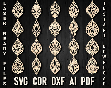 Glowforge Earrings SVG Files | Edwardian Wood & Leather Laser Cut Designs | Cricut PDF, DXF Templates