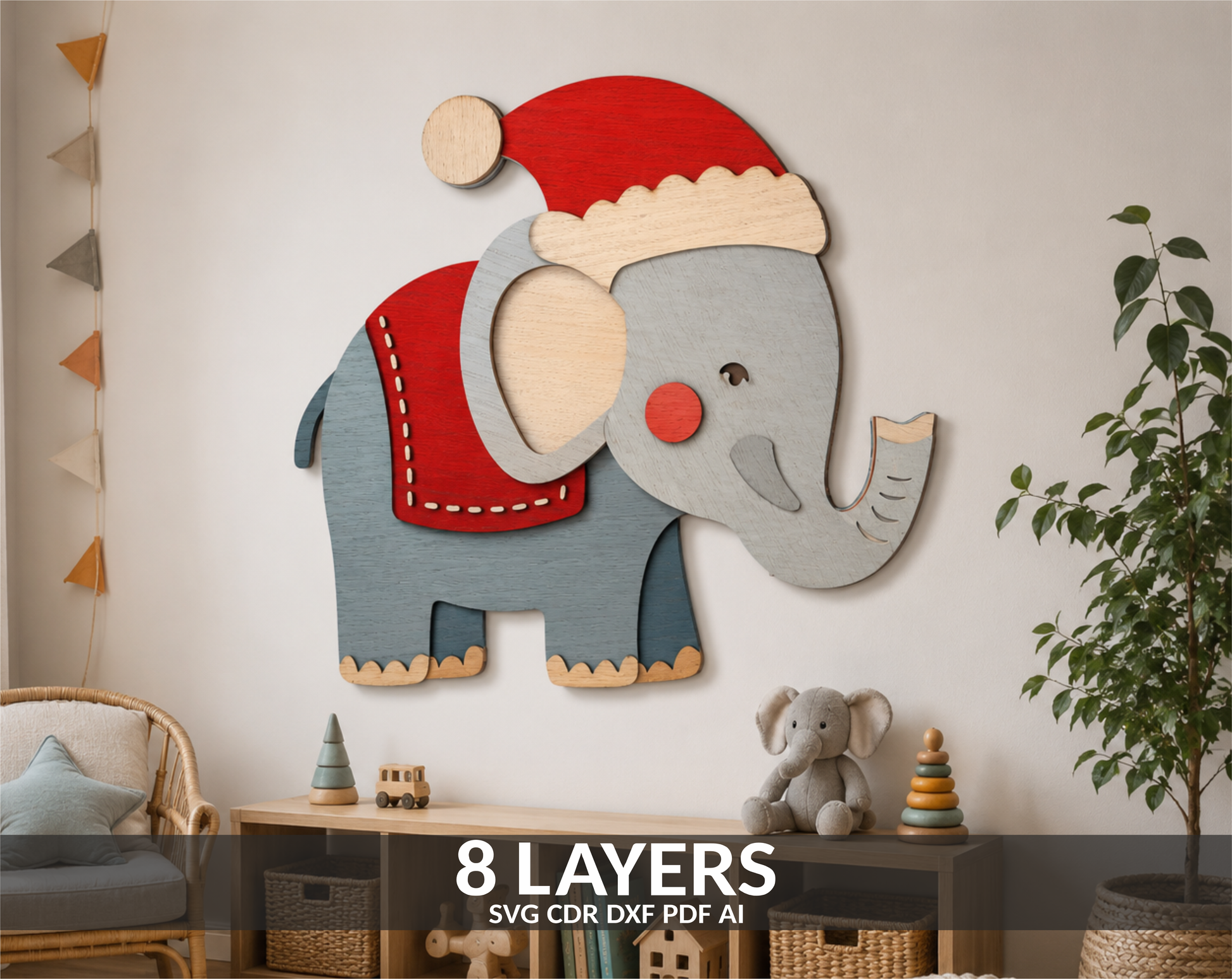 Elephant Christmas Santa layered SVG