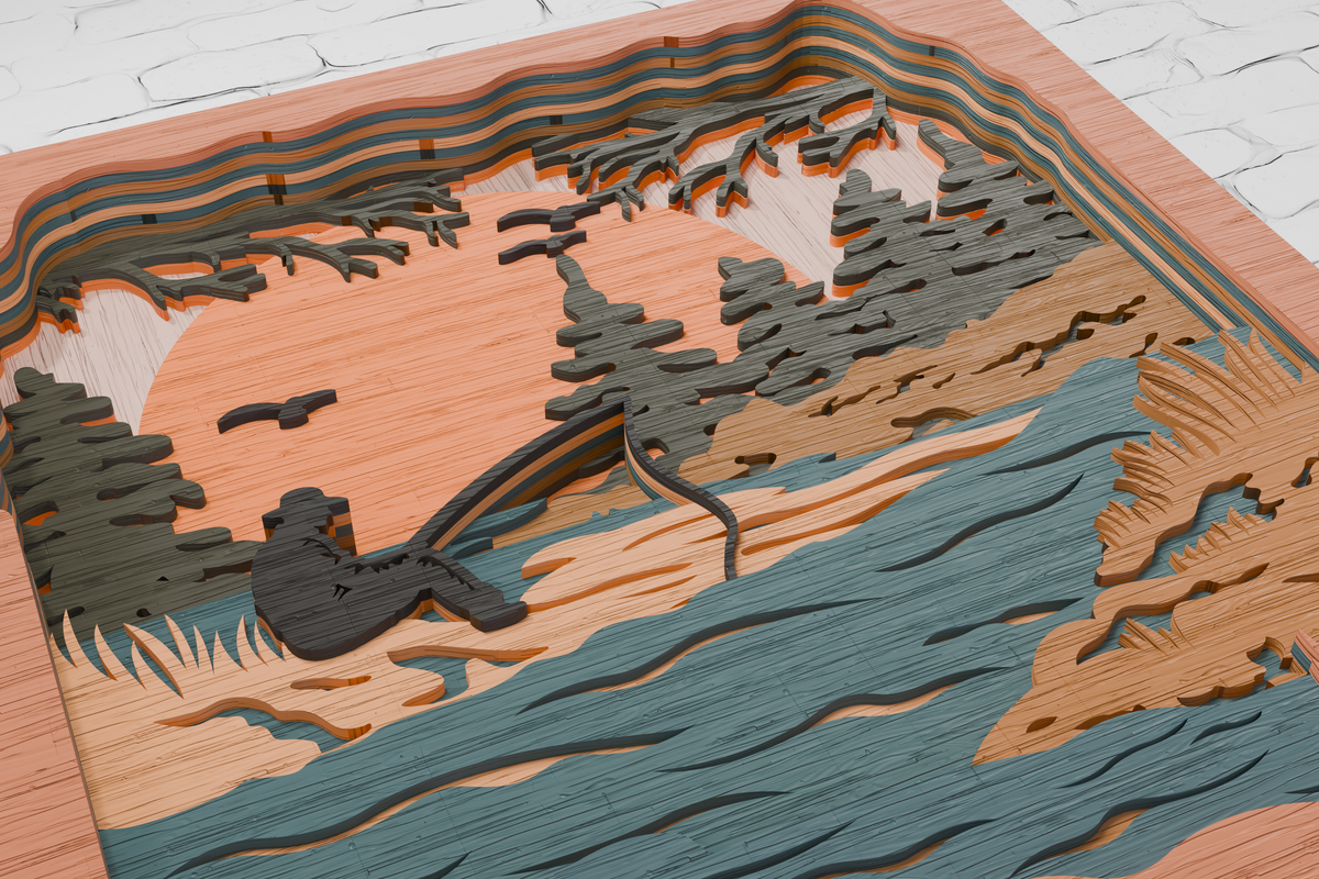 Fisherman layered design paper cardboard shadow box