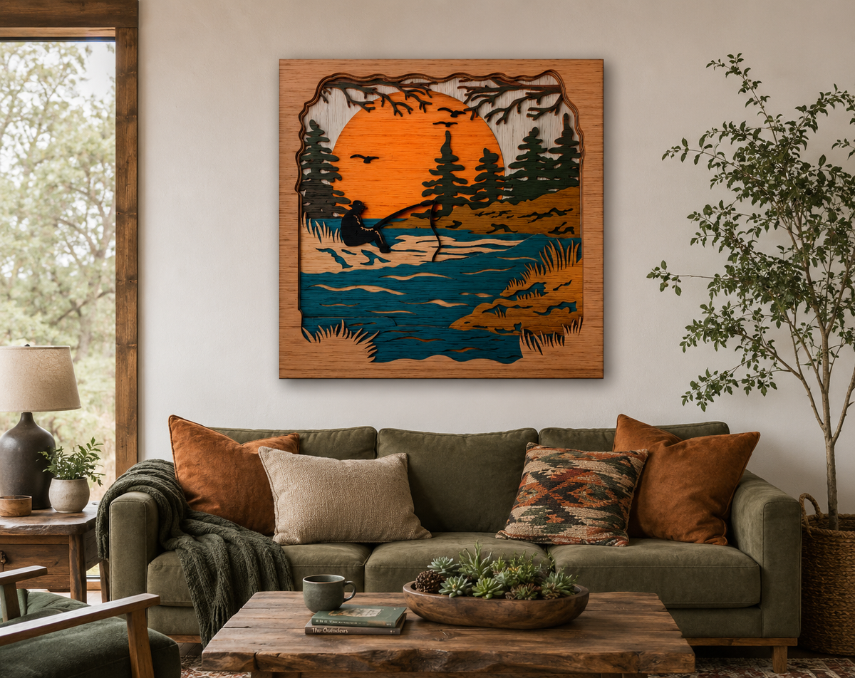 Fisherman shadow box SVG DXF for Glowforge
