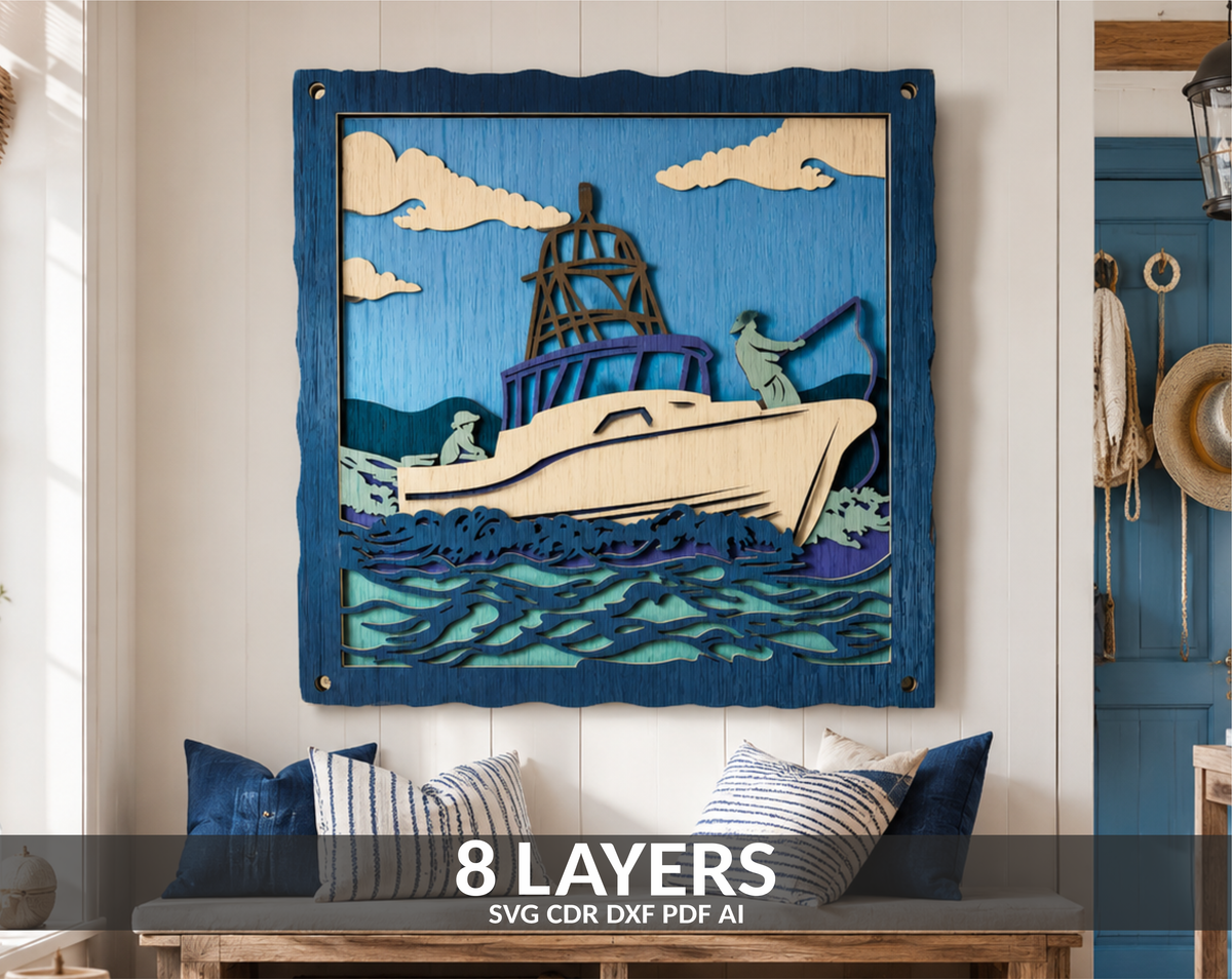 Fishing Sailing Boat SVG layered shadow box for Glowforge

