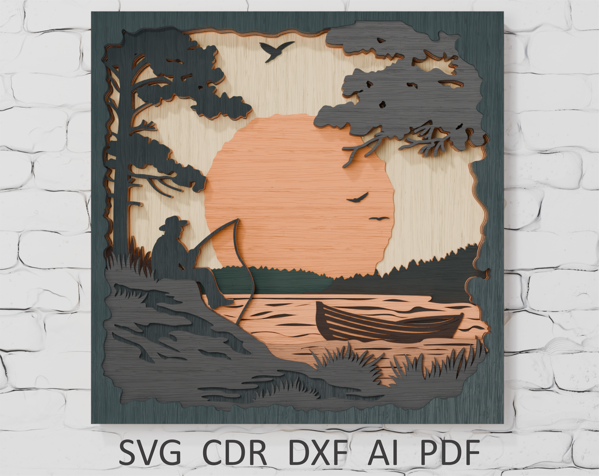 Fishing Scene Multilayer Cut File for Laser Cutting