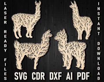 Lama & Alpaca Laser Cut Files – Mandala Tree Panels SVG/DXF for Plywood/Wood, Cricut & Glowforge Farm Animal Wall Art