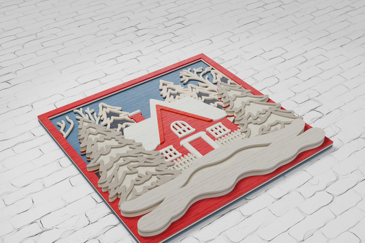 Laser cut winter cottage Christmas house from plywood SVG

