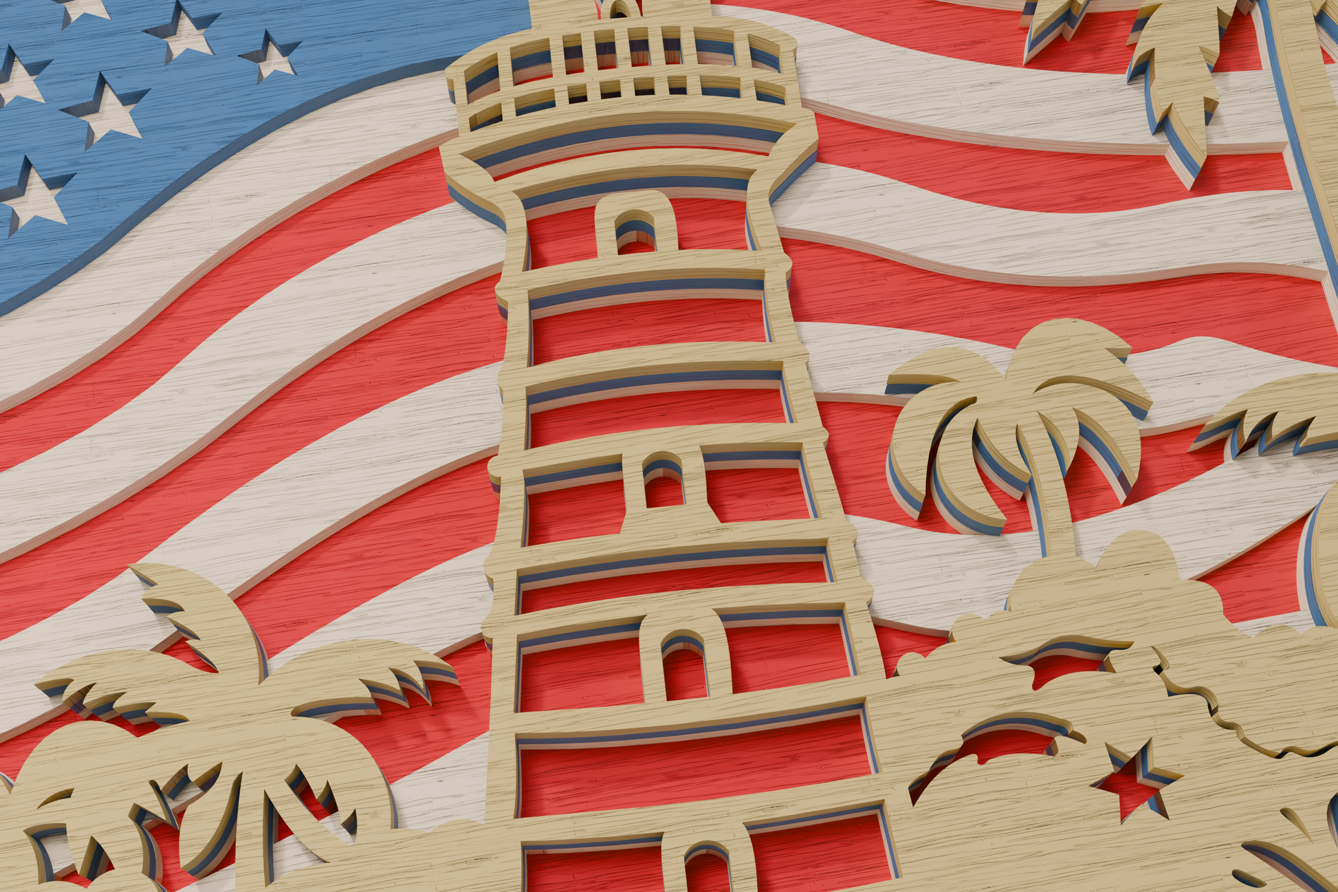 Laser cut wood template USA Flag Lighthouse