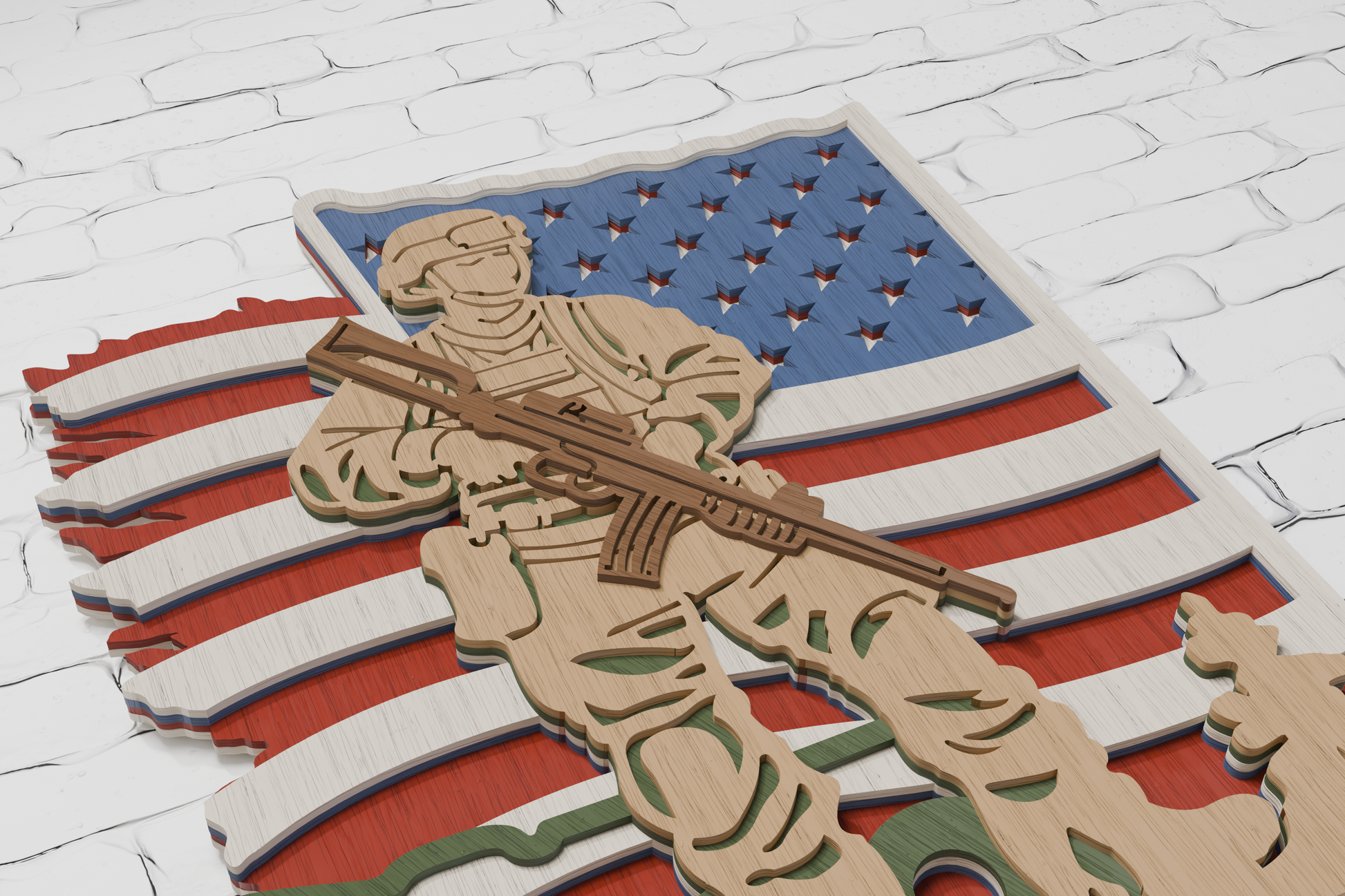 Laser ready army man on American flag

