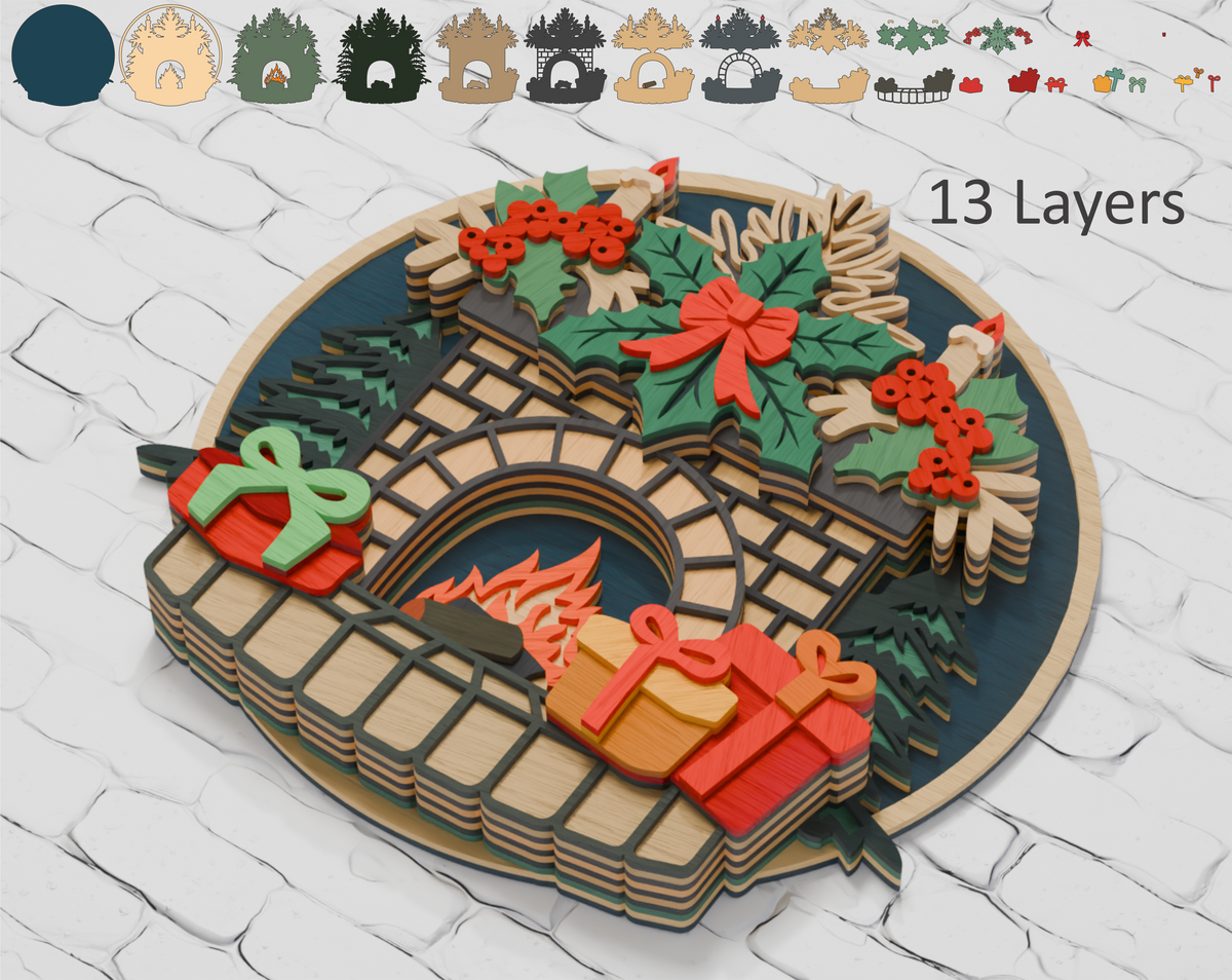 Layered Christmas Fireplace digital cut design for Cricut