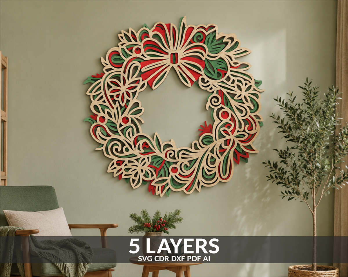 Layered Christmas Wreath SVG laser cut multilayer design