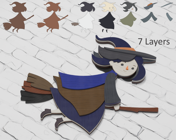 Layered Halloween witch flying on broom vector template for Cricut
