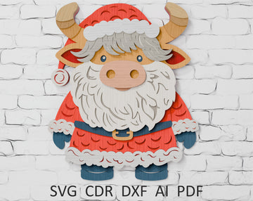 Layered Santa Highland Cow SVG laser cut file


