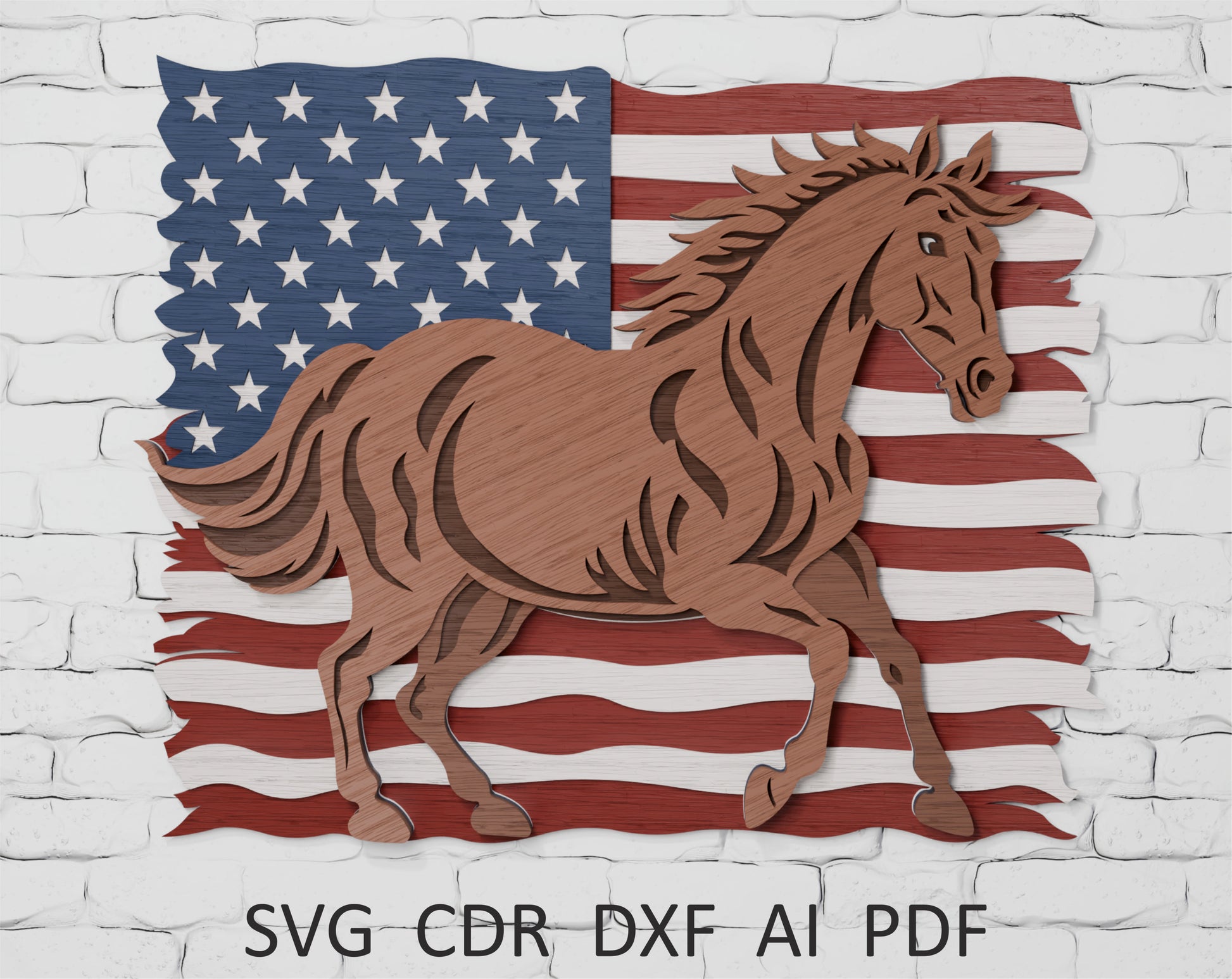 Layered horse on USA flag SVG for Glowforge laser cut

