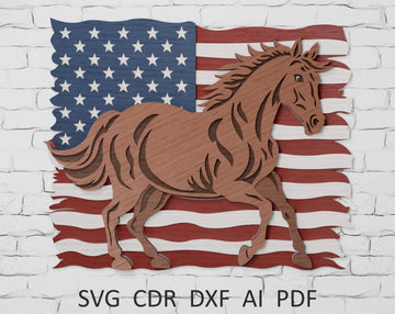 Layered horse on USA flag SVG for Glowforge laser cut


