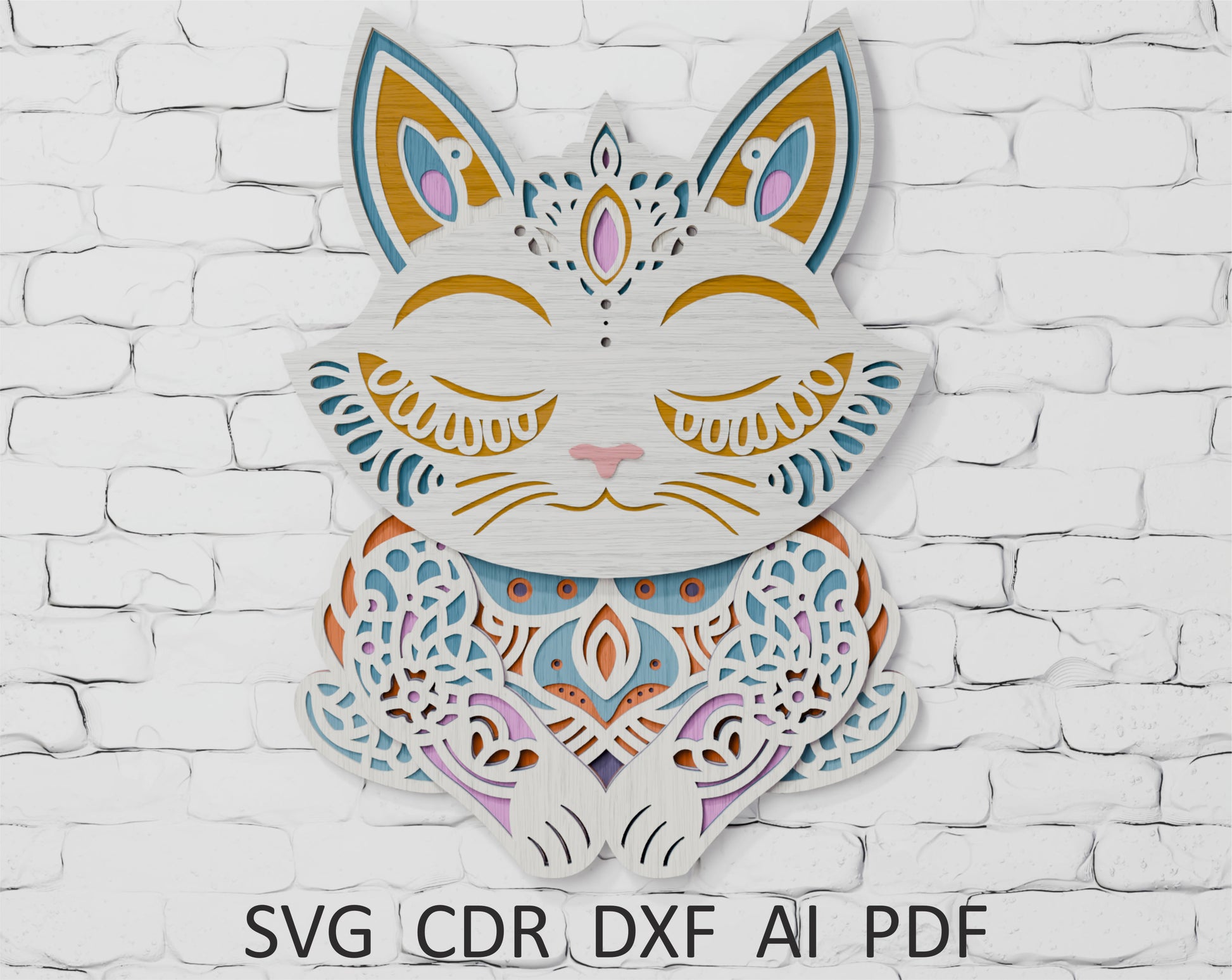 Mandala with yoga cat laser cut SVG layered shadow box

