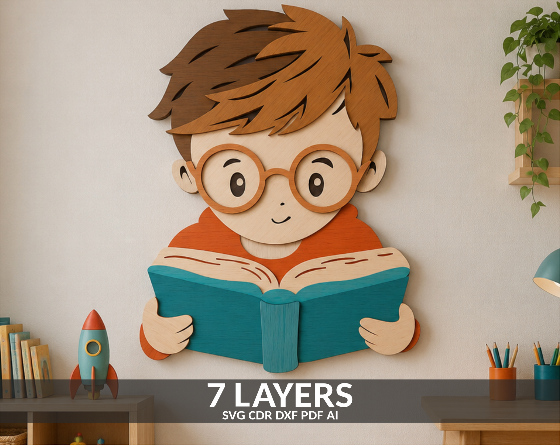 Multilayer Boy Reading Book SVG Shadow Box for laser cutting