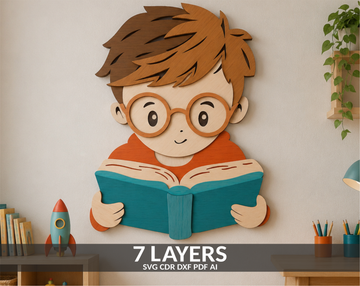 Multilayer Boy Reading Book SVG Shadow Box for laser cutting