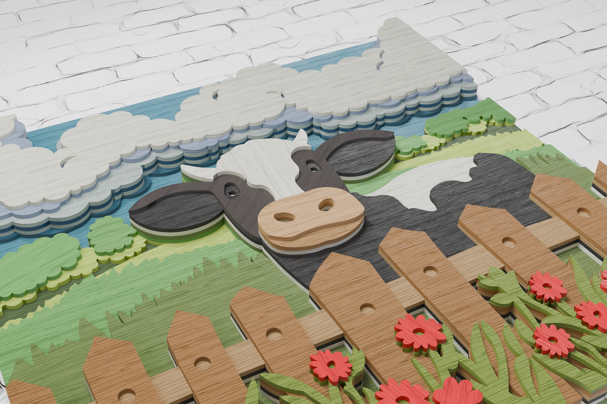 Multilayer Cow on Farm design for shadow box and paper cutting