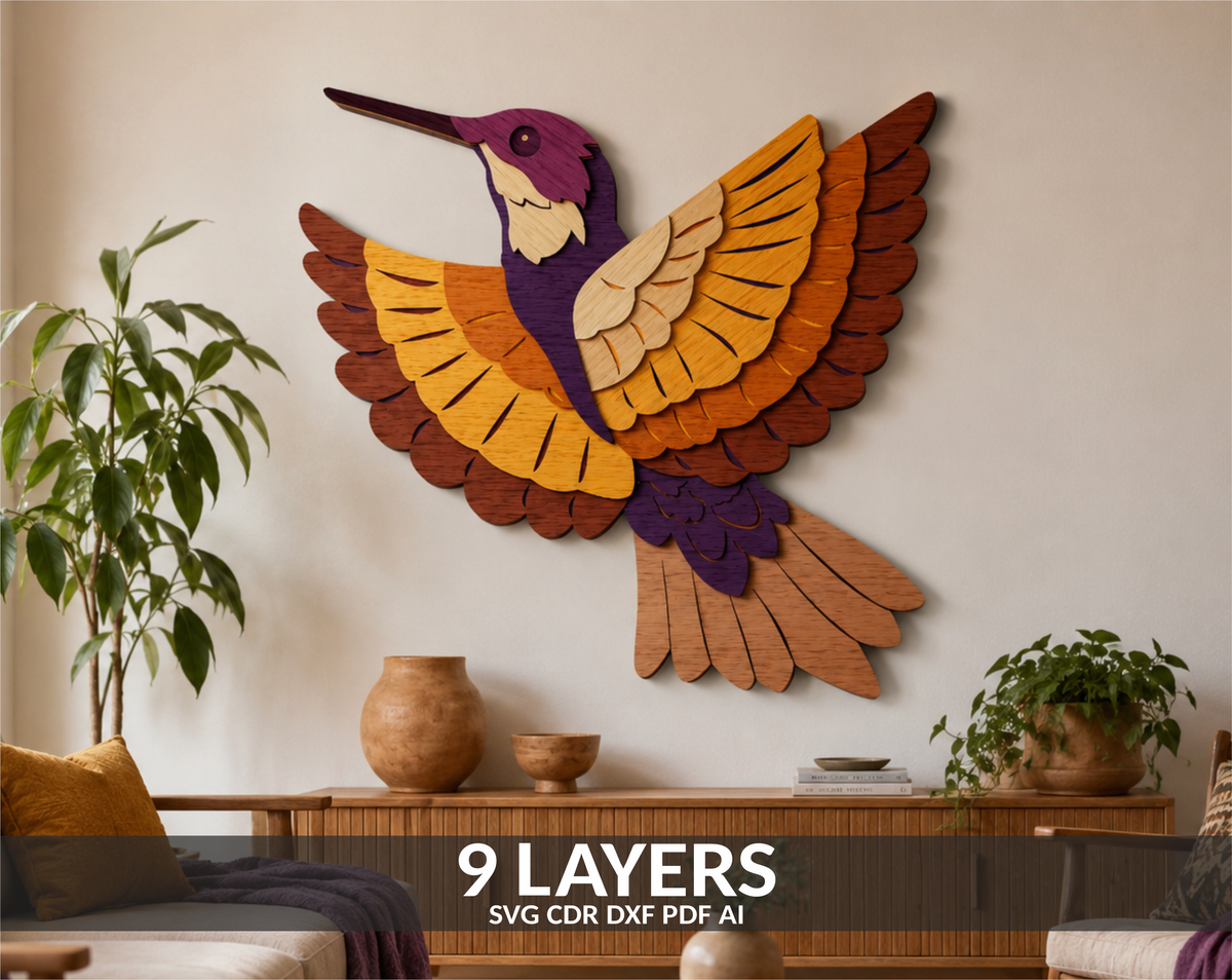 Multilayer Hummingbird SVG Shadow Box for laser cutting