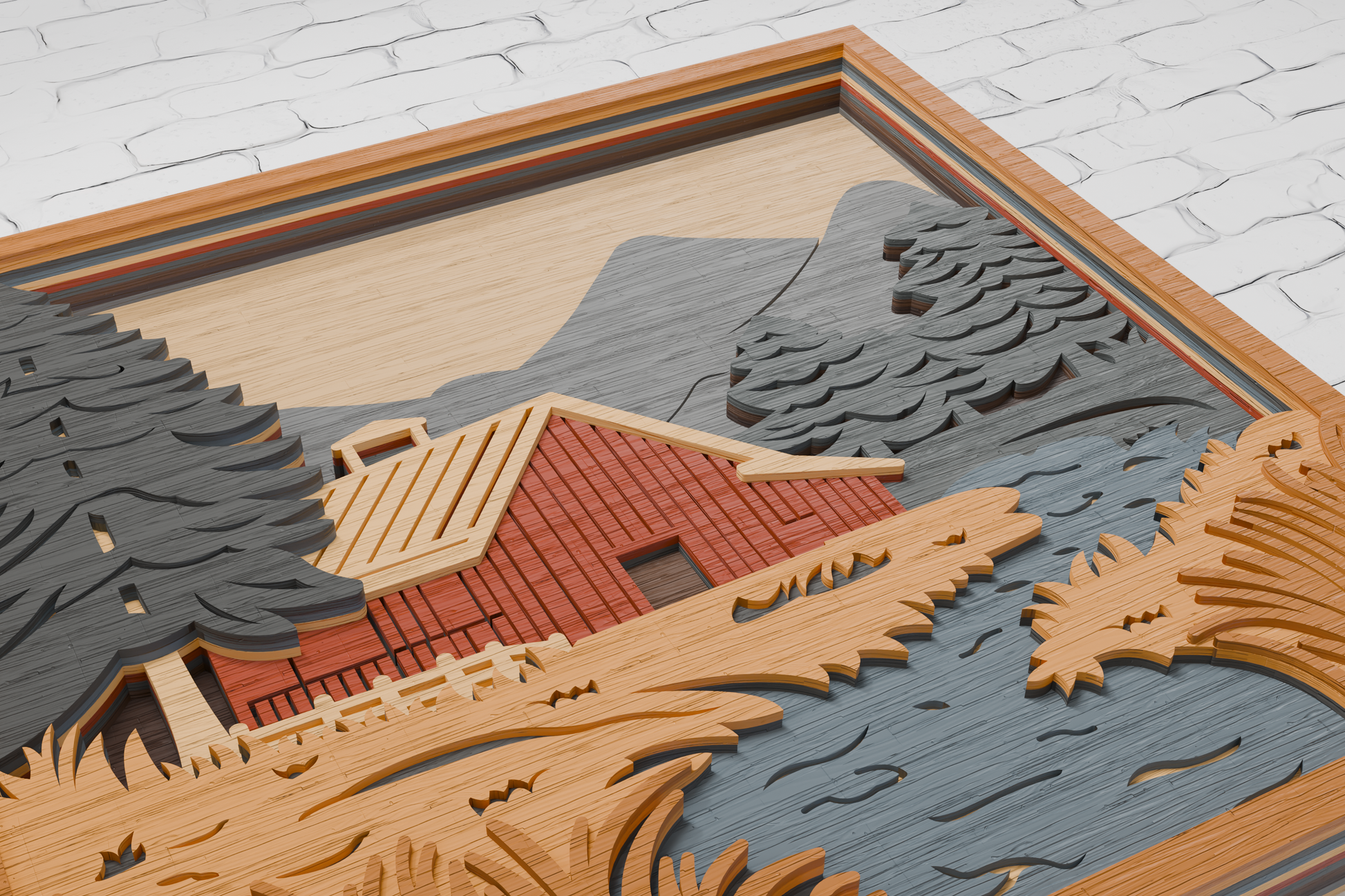 Multilayer barn river laser engraving design


