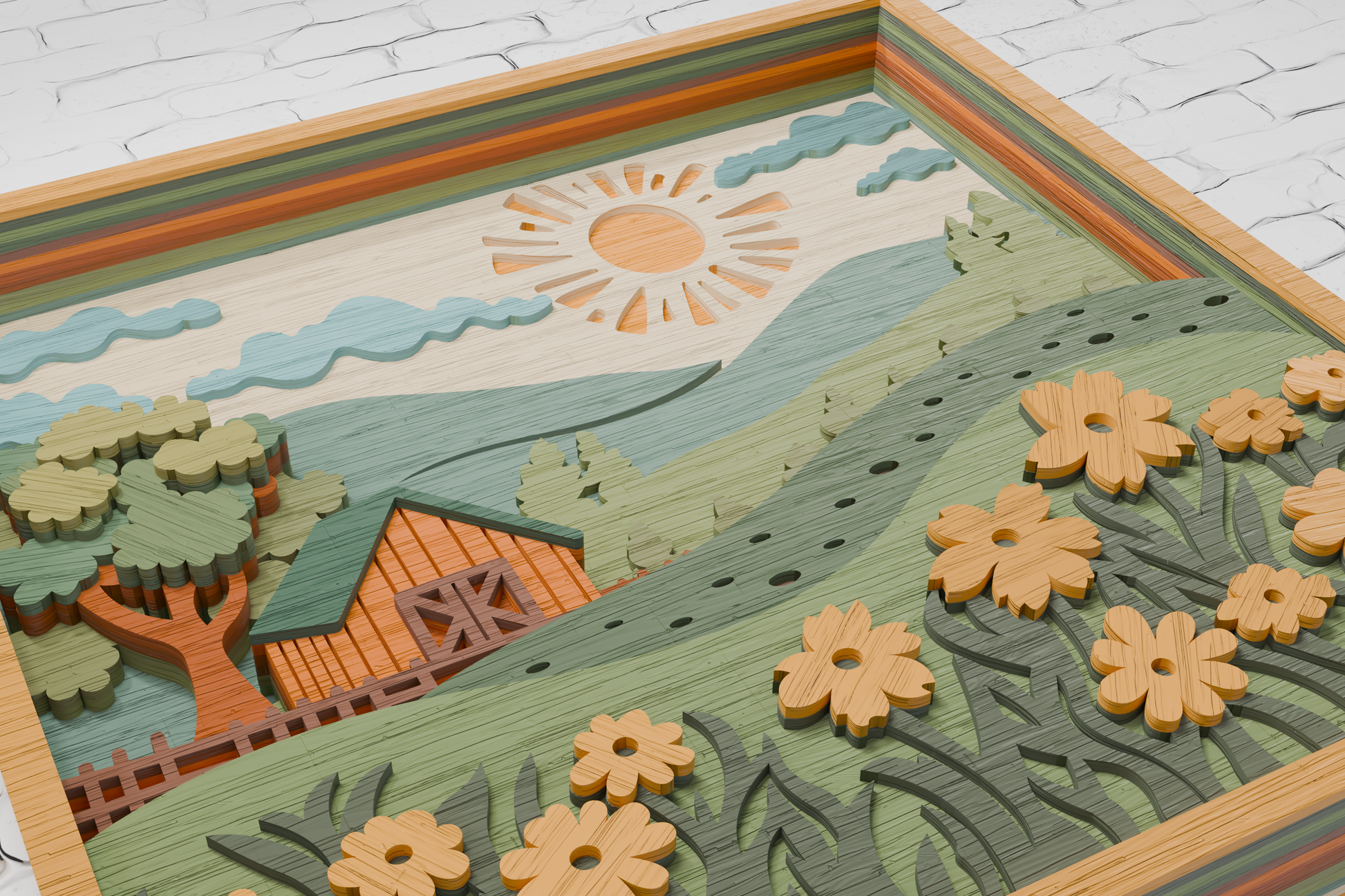 Multilayer barn scene laser engraving design

