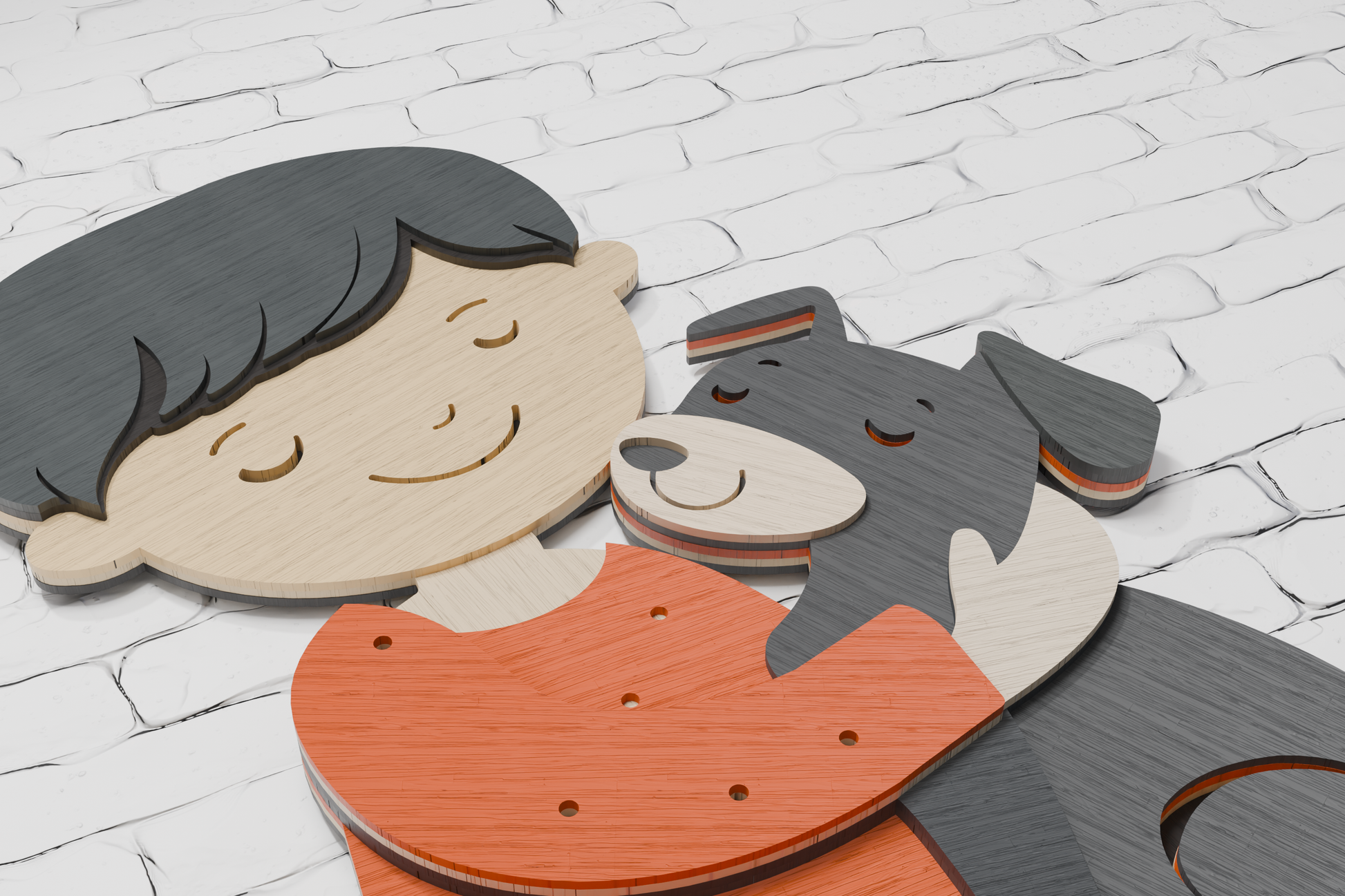 Multilayer cardboard art boy with dog

