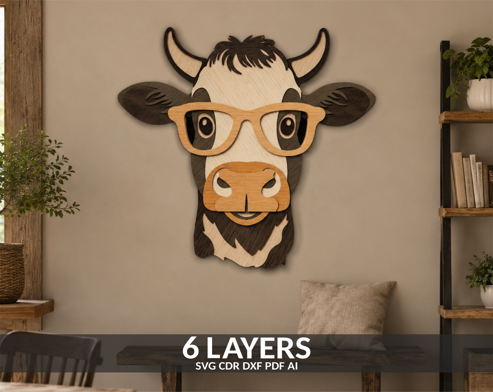 Multilayer cow with glasses laser engraving design

