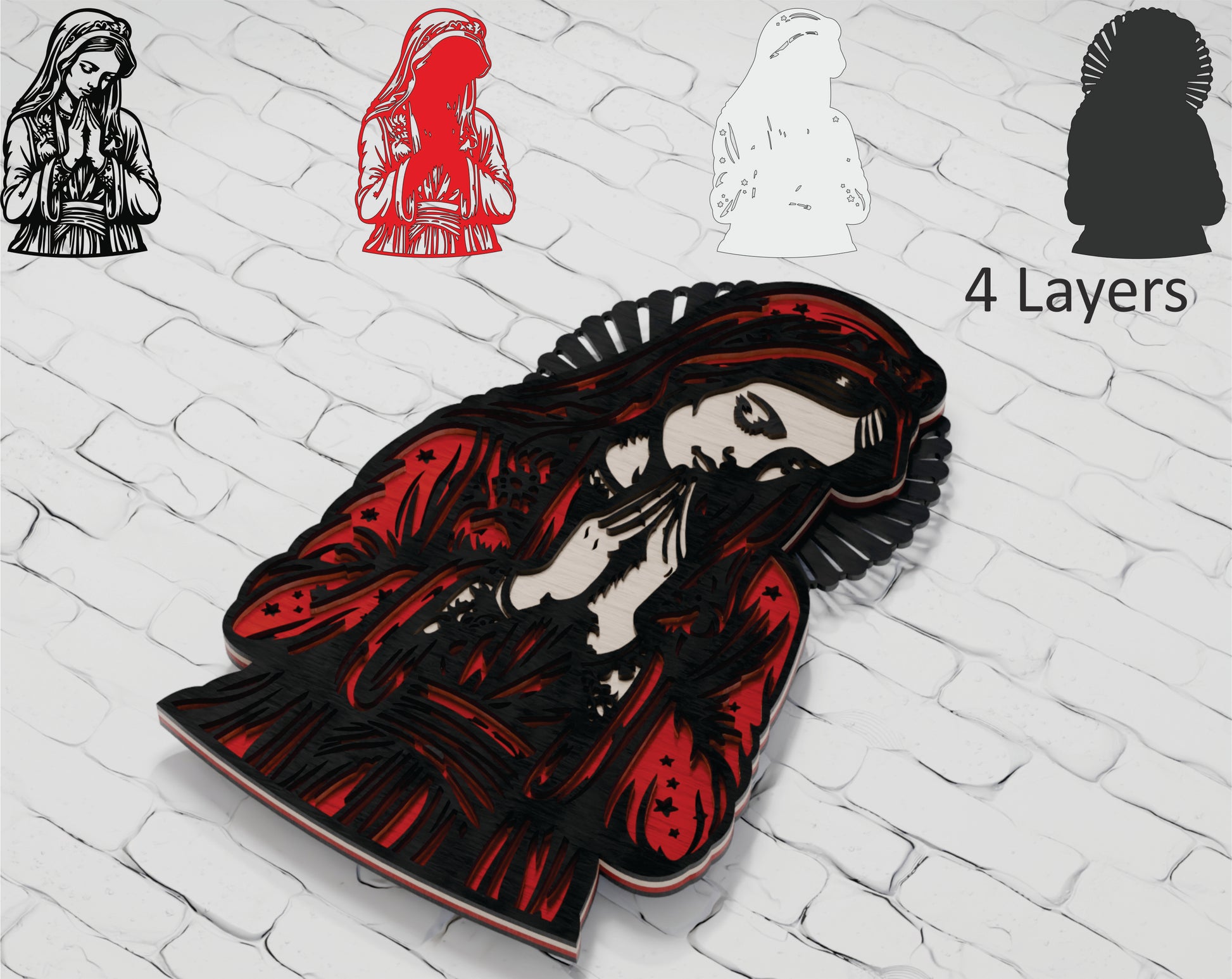 Multilayer shadow box design of a praying girl