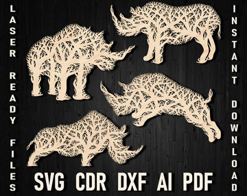 Rhinoceros Tree Wall Art SVG/DXF/AI Laser Cut Bundle – Files for Glowforge, Cricut & Silhouette, African Animal Panels