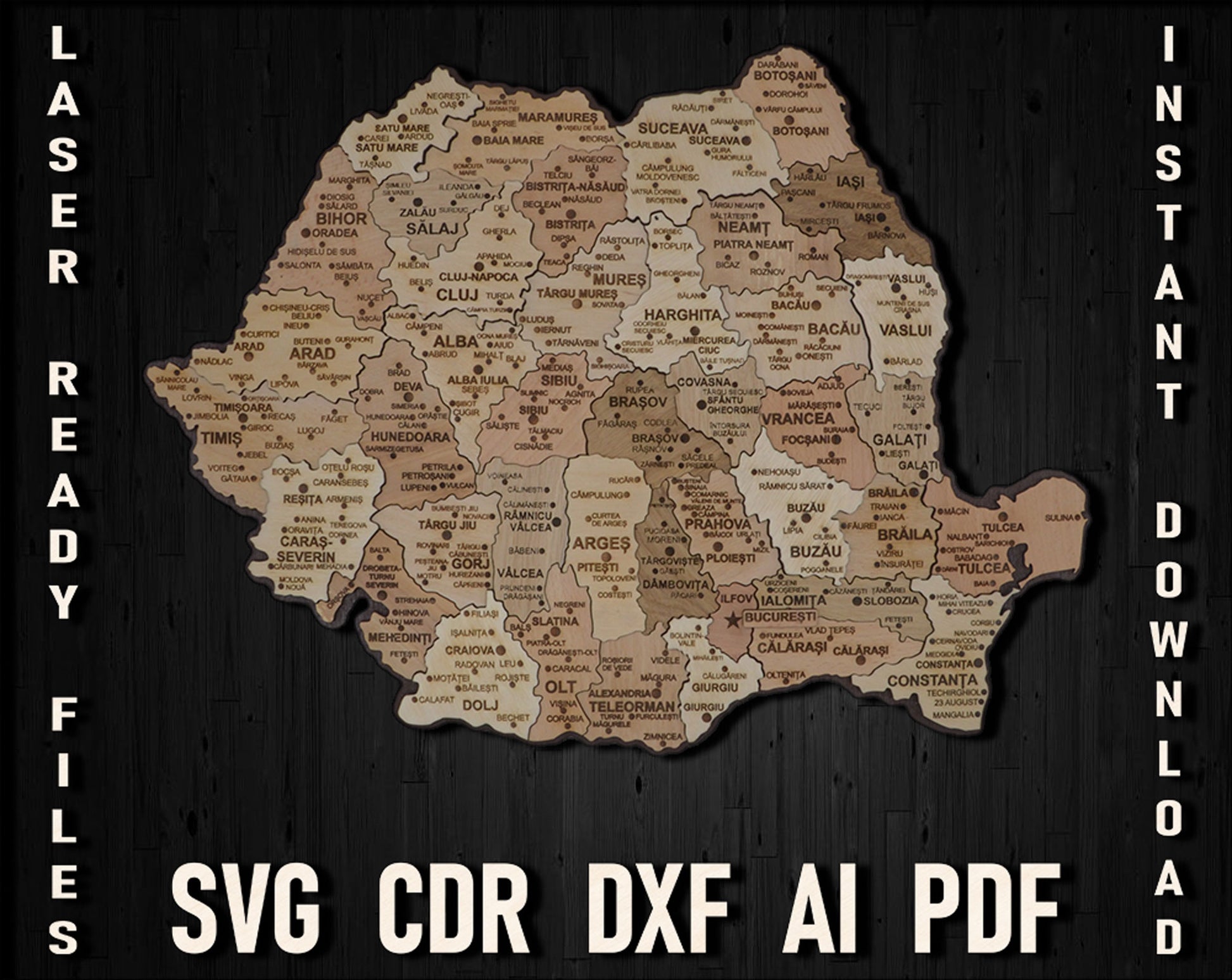 Romania Wooden Map