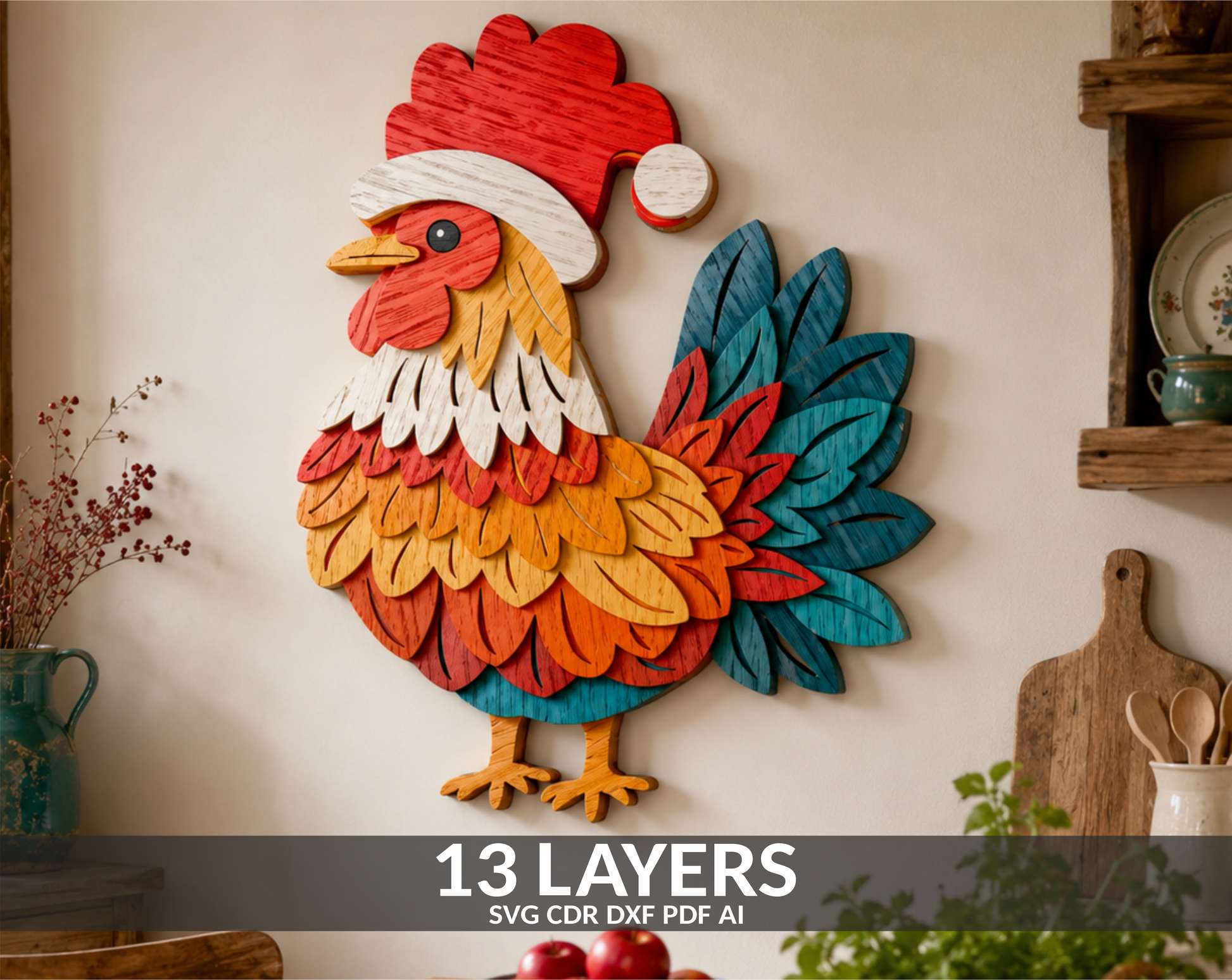 Rooster Christmas Santa layered SVG