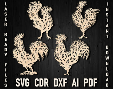 Svg Rooster Tree Wall Laser Cut and Glowgforge Vector Panel