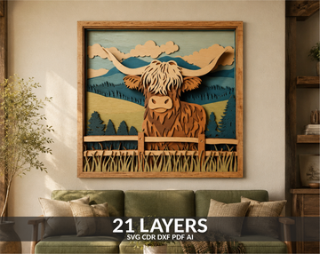 Rustic Highland cow wood decor laser file

