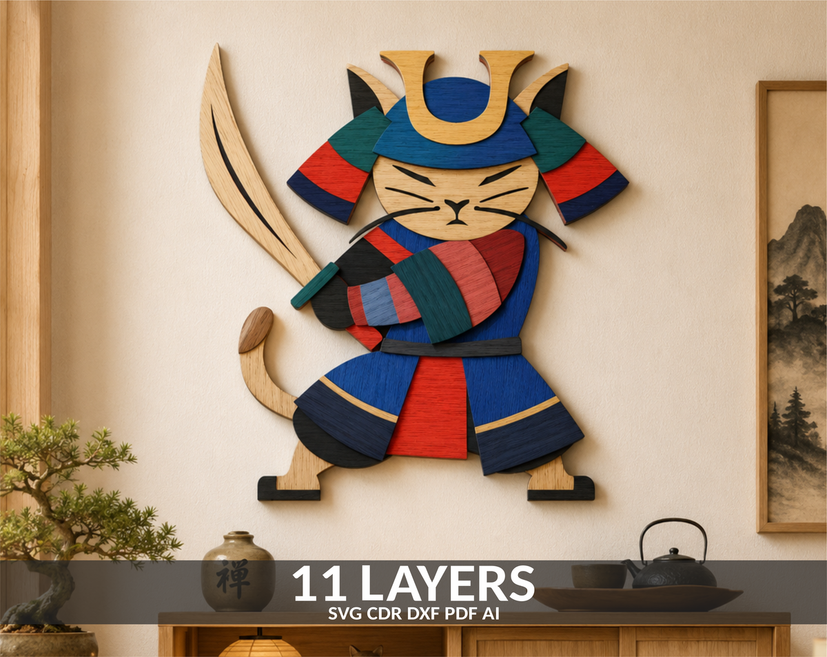 Samurai Cat SVG layered shadow box for Glowforge

