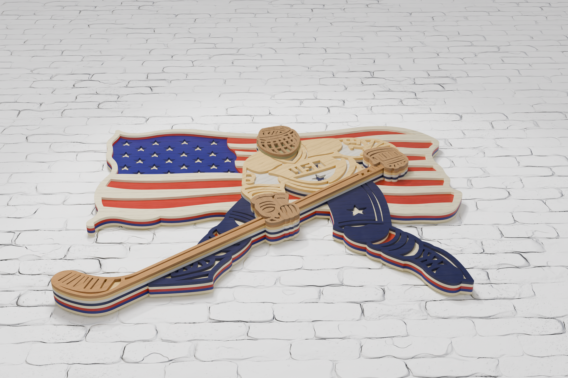 Silhouette Hockey Player USA Flag Layered Art

