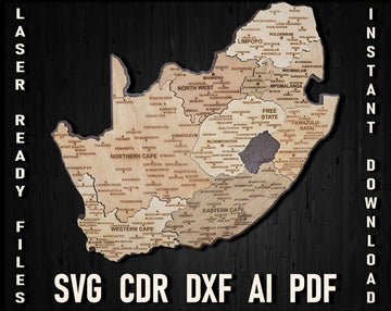 South Africa Wooden Map SVG/DXF/PDF Laser Cut Glowforge Files, RSA Wooden Puzzle Wall Decor